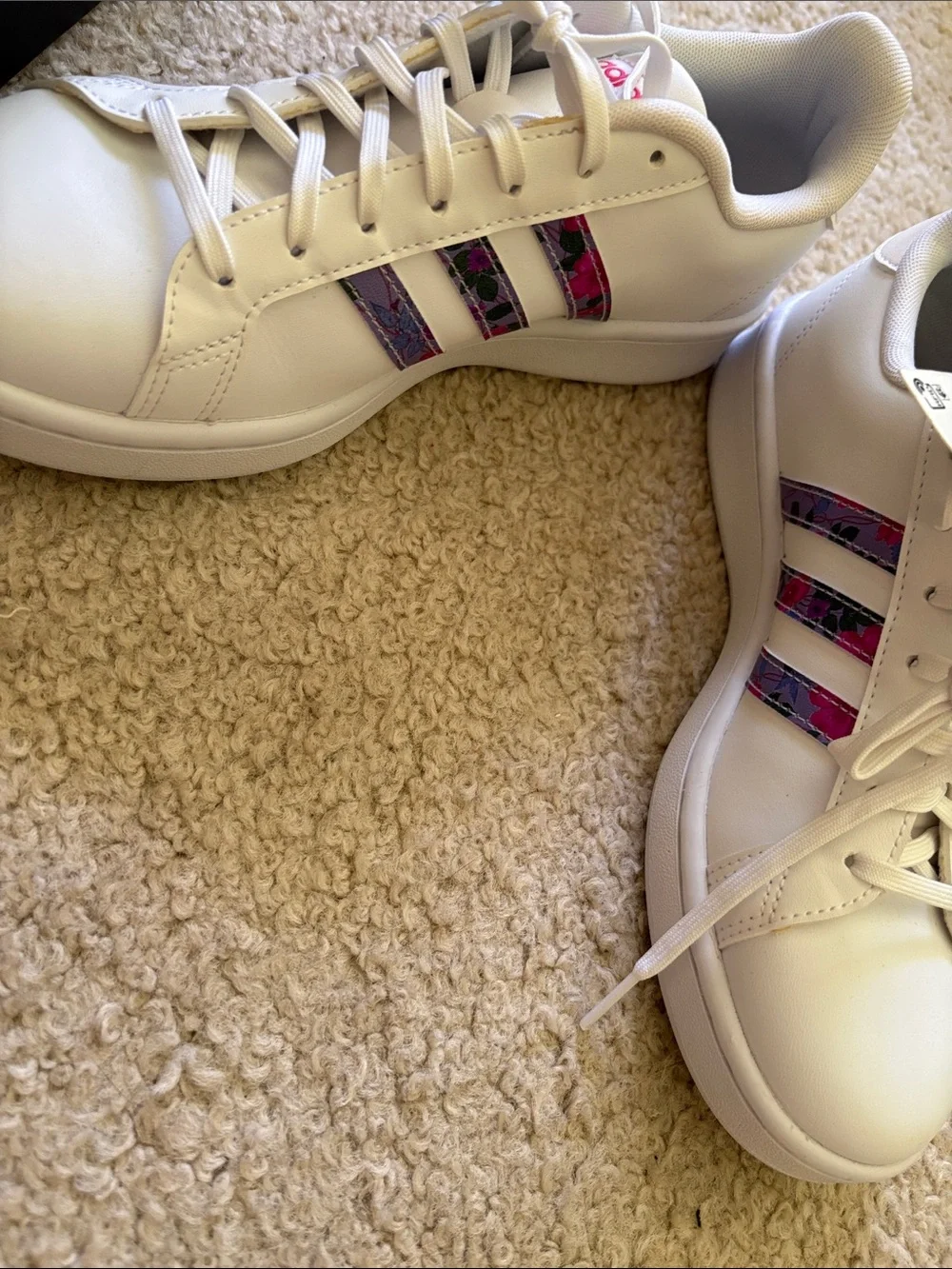 adidas Women’s Grand Court White Sneakers with Pink & Purple Stripes